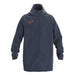 The Grays TTS All Weather Jacket by Grays is a dark navy hooded jacket with a front zipper, long sleeves, orange geometric logo on the left chest, high collar, adjustable hem drawstrings, and cozy quilted lining for warmth.
