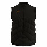 The Grays GTS Performance Body Warmer is a black, sleeveless padded vest with a zipper front, high collar, small orange square logo on the chest, diagonal quilted stitching, and a fitted shape—ideal for cool weather layering.