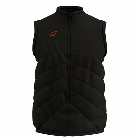 The Grays GTS Performance Body Warmer is a black, sleeveless padded vest with a zipper front, high collar, small orange square logo on the chest, diagonal quilted stitching, and a fitted shape—ideal for cool weather layering.