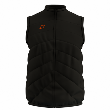 The Grays GTS Performance Body Warmer is a black, sleeveless padded vest with a zipper front, high collar, small orange square logo on the chest, diagonal quilted stitching, and a fitted shape—ideal for cool weather layering.