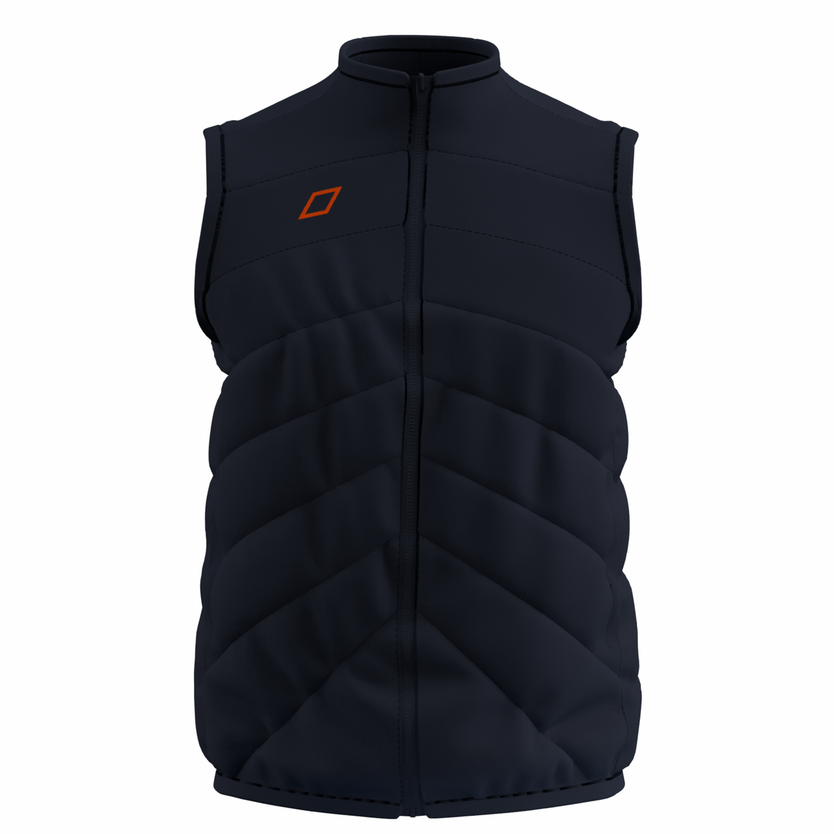 The Grays GTS Performance Body Warmer is a sleeveless, dark navy, water-repellent vest with a front zipper and an orange square logo on the left chest, shown against a plain white background.