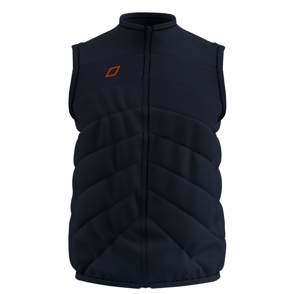 The Grays GTS Performance Body Warmer is a sleeveless, dark navy, water-repellent vest with a front zipper and an orange square logo on the left chest, shown against a plain white background.