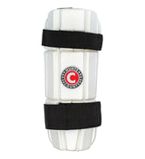 The Hunts County Triumph Arm Guard is a white batting arm guard with moulded protection, black straps, and a central Hunts County logo, designed to safeguard your arm during cricket play.