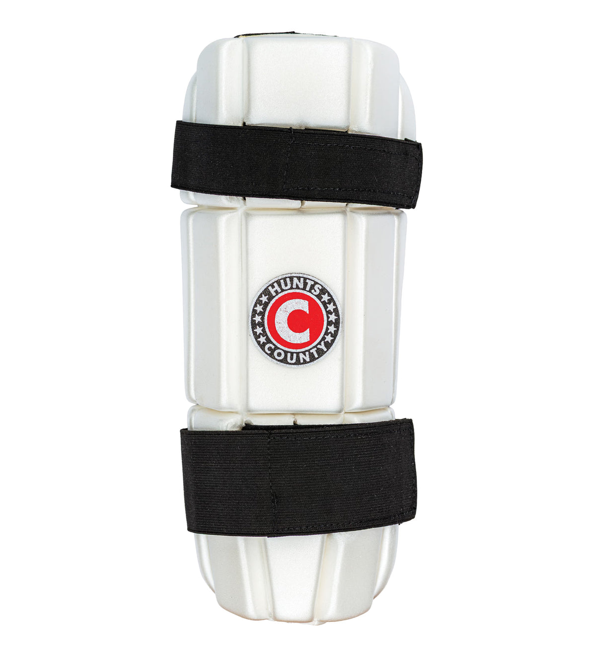 The Hunts County Triumph Arm Guard is a white batting arm guard with moulded protection, black straps, and a central Hunts County logo, designed to safeguard your arm during cricket play.