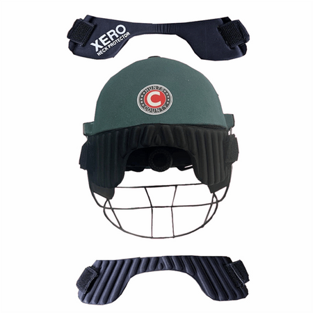 A green cricket helmet with black padded ear and neck protectors and a metal face guard is paired with the Hunts County Xero Neck Guard—an essential accessory by Hunts County featuring removable neck and shoulder padding.
