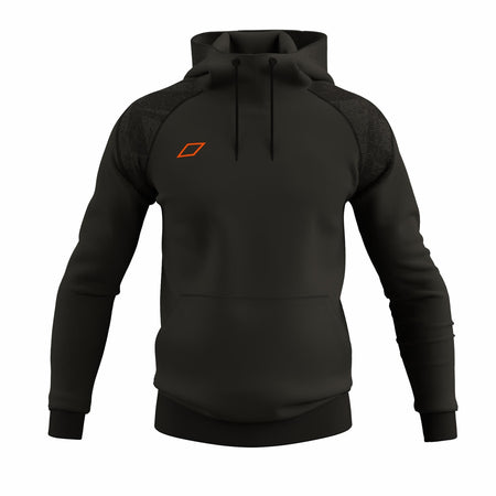 The Grays GTS Junior Hoodie by Grays is a black performance hoodie with a front pocket, black drawstrings, and an orange geometric logo on the left chest. Sleeves and shoulders have a subtle textured pattern for a sporty style.