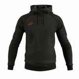 The Grays GTS Mens Hoodie in black features textured shoulder panels, long sleeves, black drawstrings, a front pocket, and an orange geometric chest logo. Designed by Grays for moisture management and athletic performance.