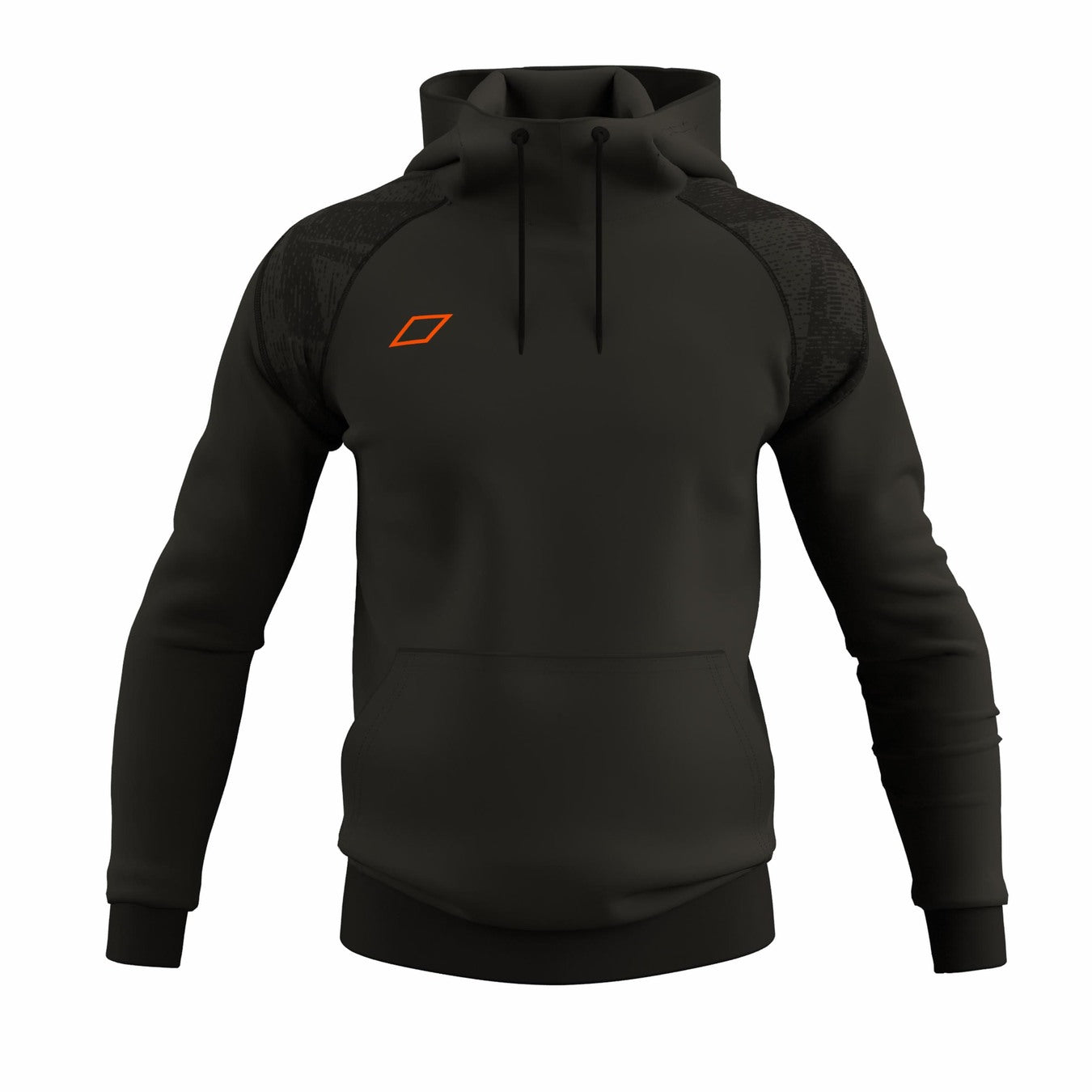 The Grays GTS Mens Hoodie in black features textured shoulder panels, long sleeves, black drawstrings, a front pocket, and an orange geometric chest logo. Designed by Grays for moisture management and athletic performance.