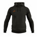 The Grays GTS Mens Hoodie in black features textured shoulder panels, long sleeves, black drawstrings, a front pocket, and an orange geometric chest logo. Designed by Grays for moisture management and athletic performance.