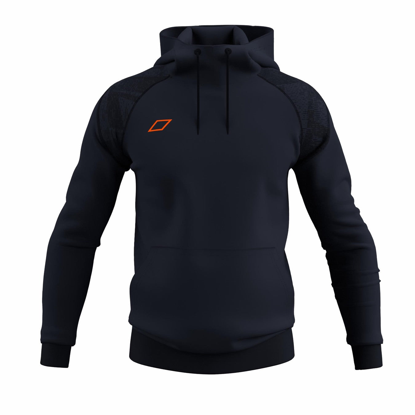 The Grays GTS Junior Hoodie in dark navy features a drawstring hood, long sleeves, and a small orange geometric logo on the left chest. Crafted by Grays from smooth athletic material, this performance hockey hoodie offers comfort and style.