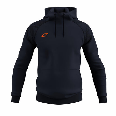 The Grays GTS Junior Hoodie in dark navy features a drawstring hood, long sleeves, and a small orange geometric logo on the left chest. Crafted by Grays from smooth athletic material, this performance hockey hoodie offers comfort and style.