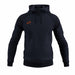 A dark navy Grays GTS Men’s Hoodie by Grays features a front pocket, black drawstrings, and a small orange geometric logo on the left chest. Designed for moisture management, it is displayed on a plain white background.
