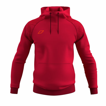 The Grays GTS Junior Hoodie by Grays, shown in red on a plain white background, features a front pocket, drawstring hood, and a small orange geometric chest logo.
