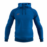 A Grays GTS Junior Hoodie in royal blue with a front pocket, black drawstrings, and an orange geometric chest logo by Grays, shown on a plain white background.