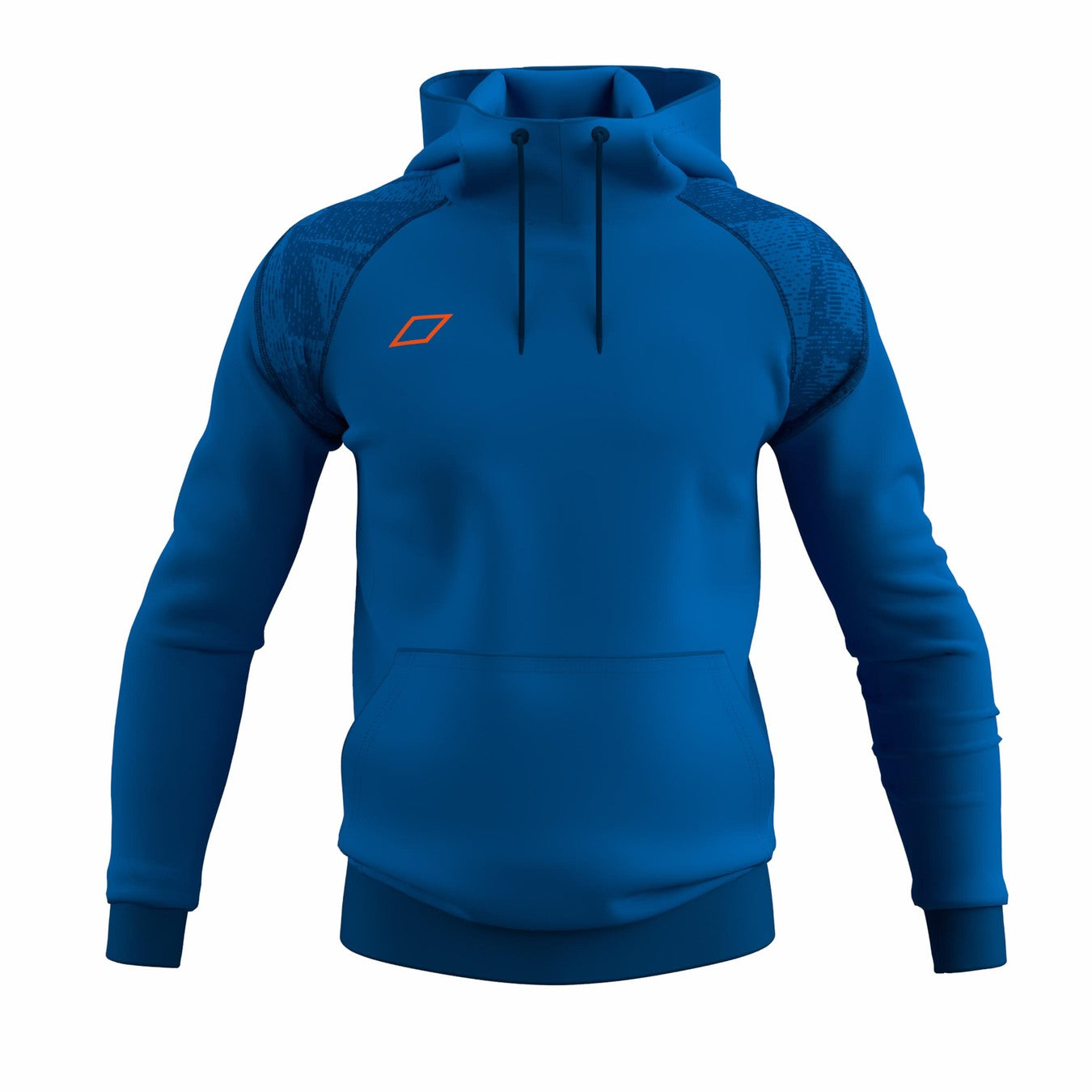 The Grays GTS Mens Hoodie in royal features black drawstrings, a front pocket, textured shoulder panels, and an orange geometric logo on the left chest. Designed for moisture management, shown on a white background.