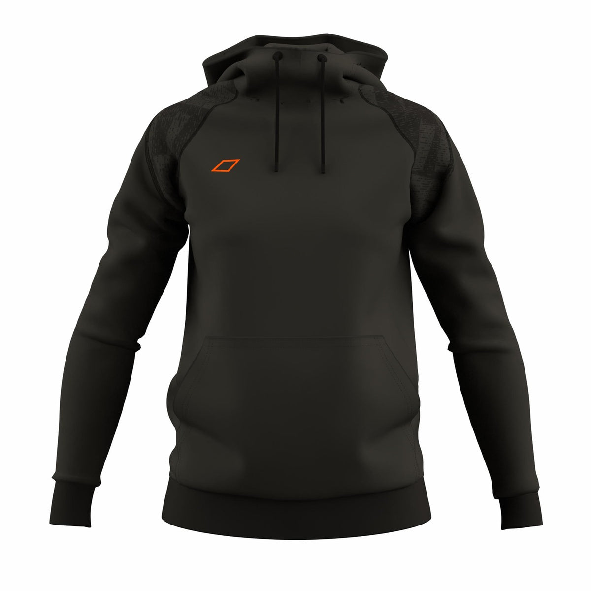 The Grays GTS Womens Hoodie by Grays is a black technical scuba hoodie featuring a front pocket and orange rectangular logo on the left chest, displayed on a headless, armless mannequin against a white background.