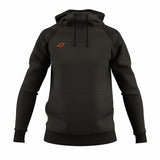 The Grays GTS Womens Hoodie by Grays is a black technical scuba hoodie featuring a front pocket and orange rectangular logo on the left chest, displayed on a headless, armless mannequin against a white background.