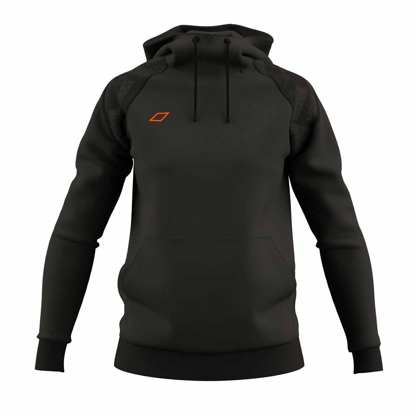 The Grays GTS Womens Hoodie by Grays is a black technical scuba hoodie featuring a front pocket and orange rectangular logo on the left chest, displayed on a headless, armless mannequin against a white background.