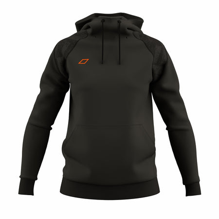 The Grays GTS Womens Hoodie by Grays is a black technical scuba hoodie featuring a front pocket and orange rectangular logo on the left chest, displayed on a headless, armless mannequin against a white background.