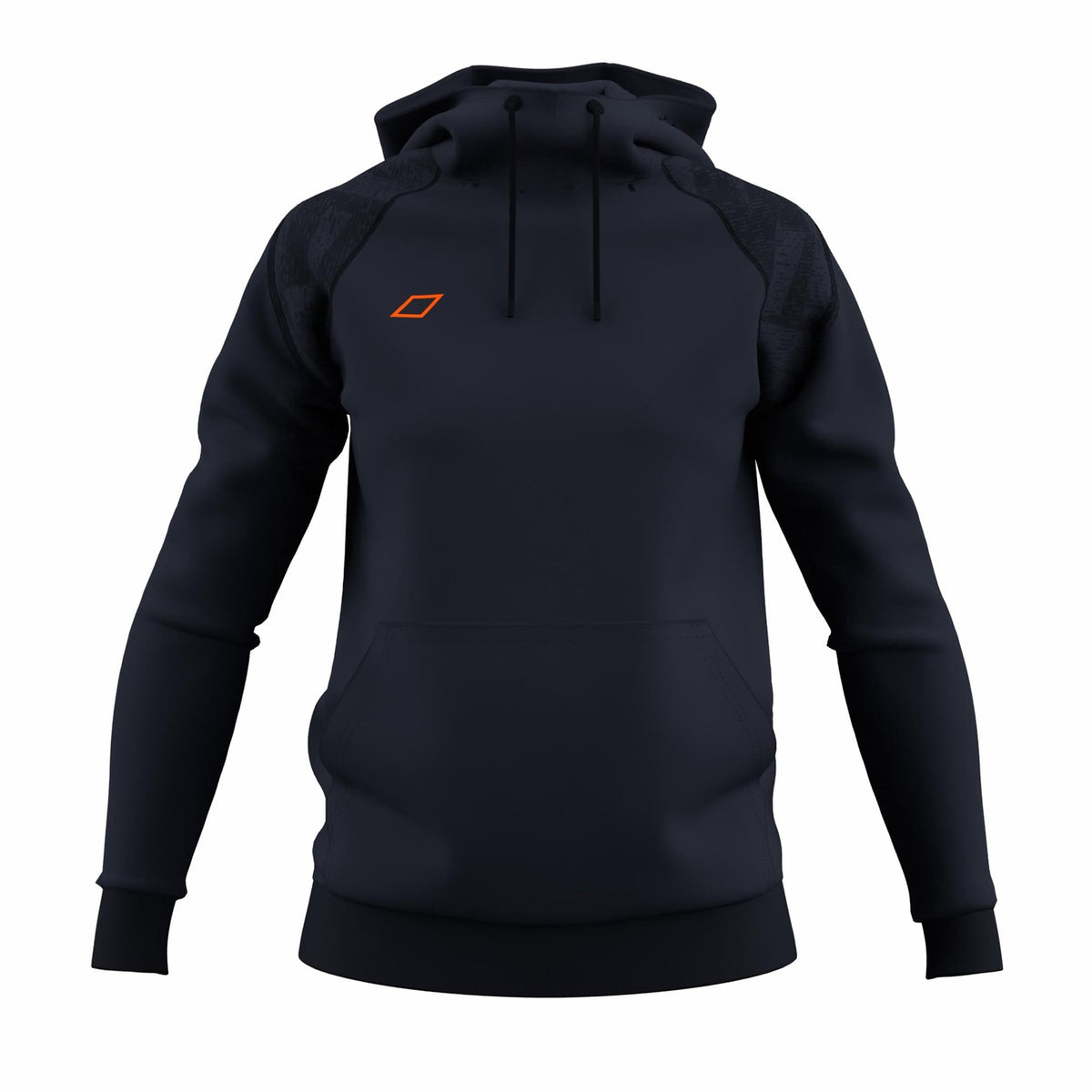 The Grays GTS Women's Hoodie by Grays in dark navy features a front pocket and an orange geometric logo on the left chest, inspired by GTS performance hockey apparel, shown against a plain white background.