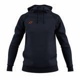 The Grays GTS Women's Hoodie by Grays in dark navy features a front pocket and an orange geometric logo on the left chest, inspired by GTS performance hockey apparel, shown against a plain white background.
