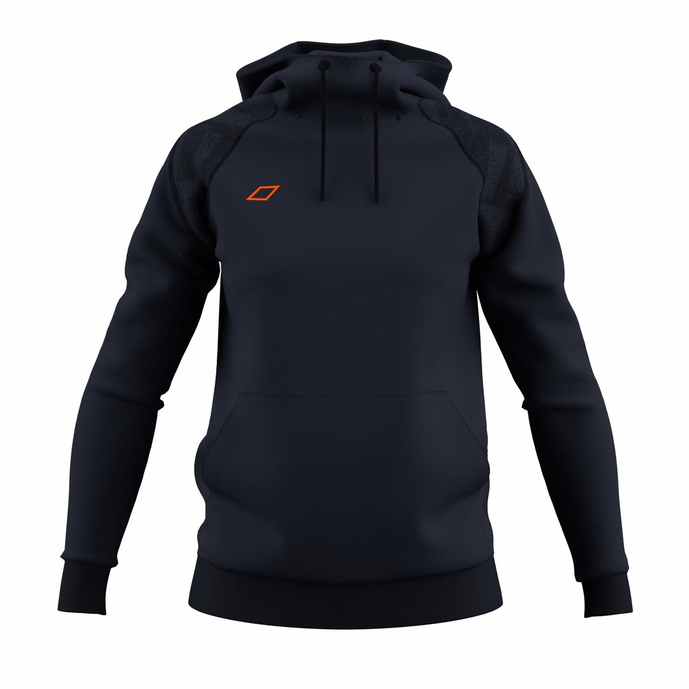 The Grays GTS Women's Hoodie by Grays in dark navy features a front pocket and an orange geometric logo on the left chest, inspired by GTS performance hockey apparel, shown against a plain white background.