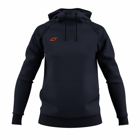 The Grays GTS Women's Hoodie by Grays in dark navy features a front pocket and an orange geometric logo on the left chest, inspired by GTS performance hockey apparel, shown against a plain white background.