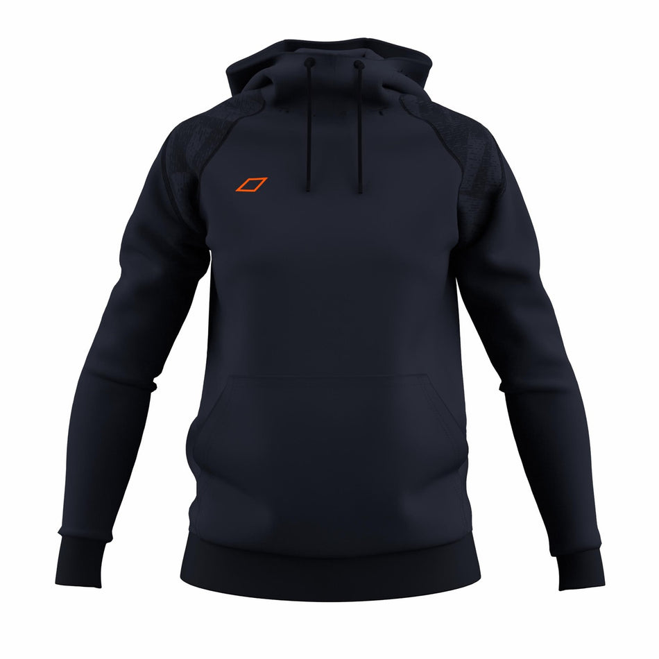 The Grays GTS Women's Hoodie by Grays in dark navy features a front pocket and an orange geometric logo on the left chest, inspired by GTS performance hockey apparel, shown against a plain white background.