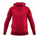 The Grays GTS Womens Hoodie by Grays features a vibrant red color, long sleeves, front pocket, black drawstrings, and an orange geometric logo on the upper left chest for a sporty, performance-inspired look.