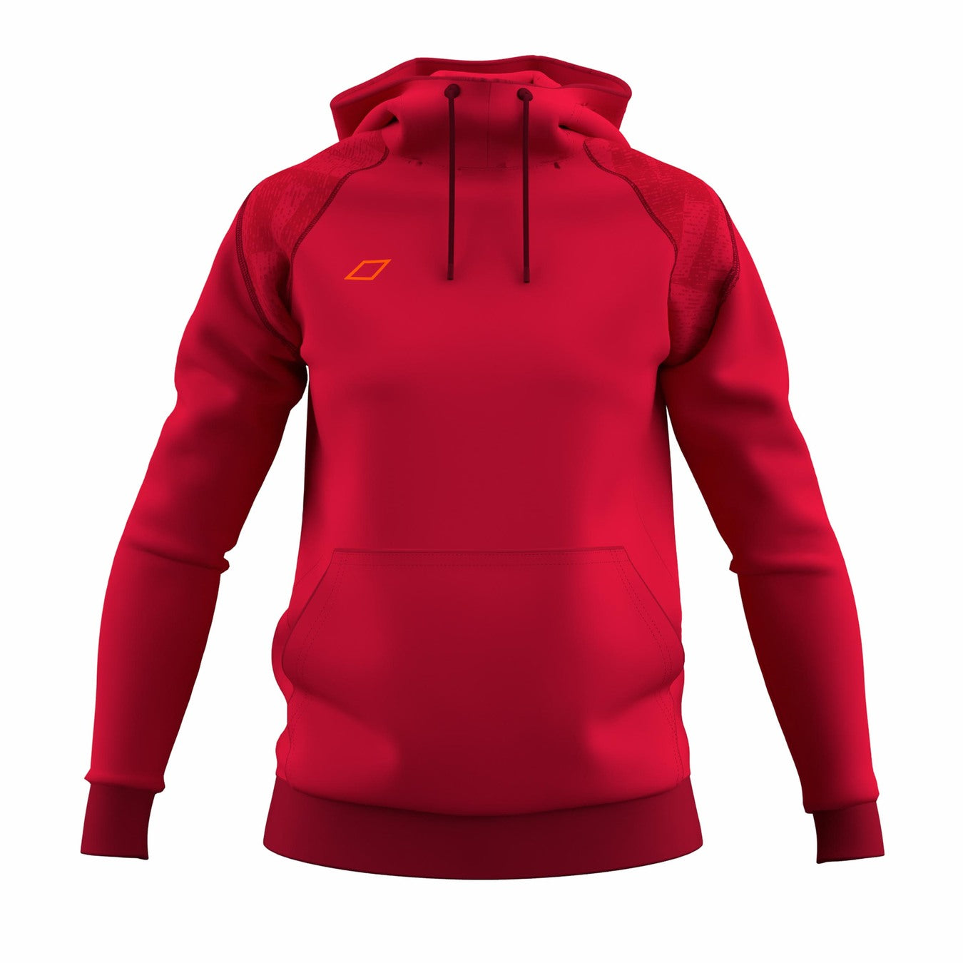 The Grays GTS Womens Hoodie by Grays features a vibrant red color, long sleeves, front pocket, black drawstrings, and an orange geometric logo on the upper left chest for a sporty, performance-inspired look.
