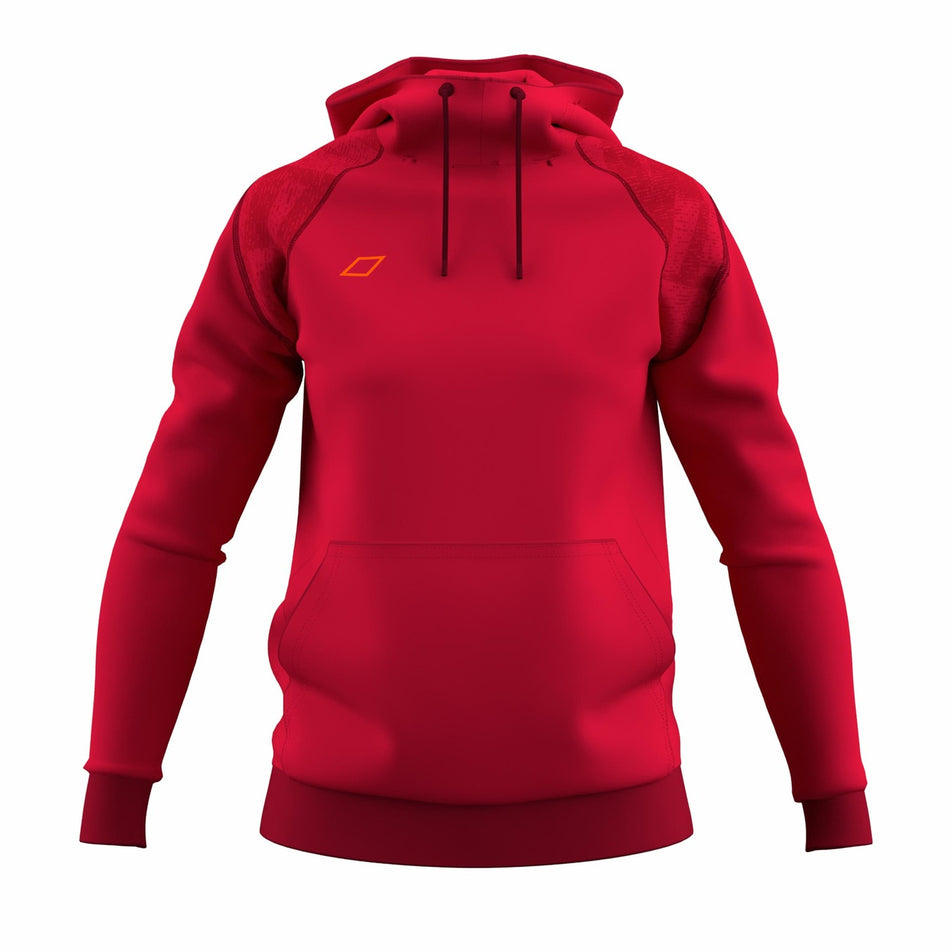 The Grays GTS Womens Hoodie by Grays features a vibrant red color, long sleeves, front pocket, black drawstrings, and an orange geometric logo on the upper left chest for a sporty, performance-inspired look.