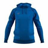 The Grays GTS Womens Hoodie in royal is a technical scuba hoodie with a front pocket, black drawstrings, dark blue shoulder panels, and an orange left chest logo—ideal for fans of Grays performance hockey apparel.