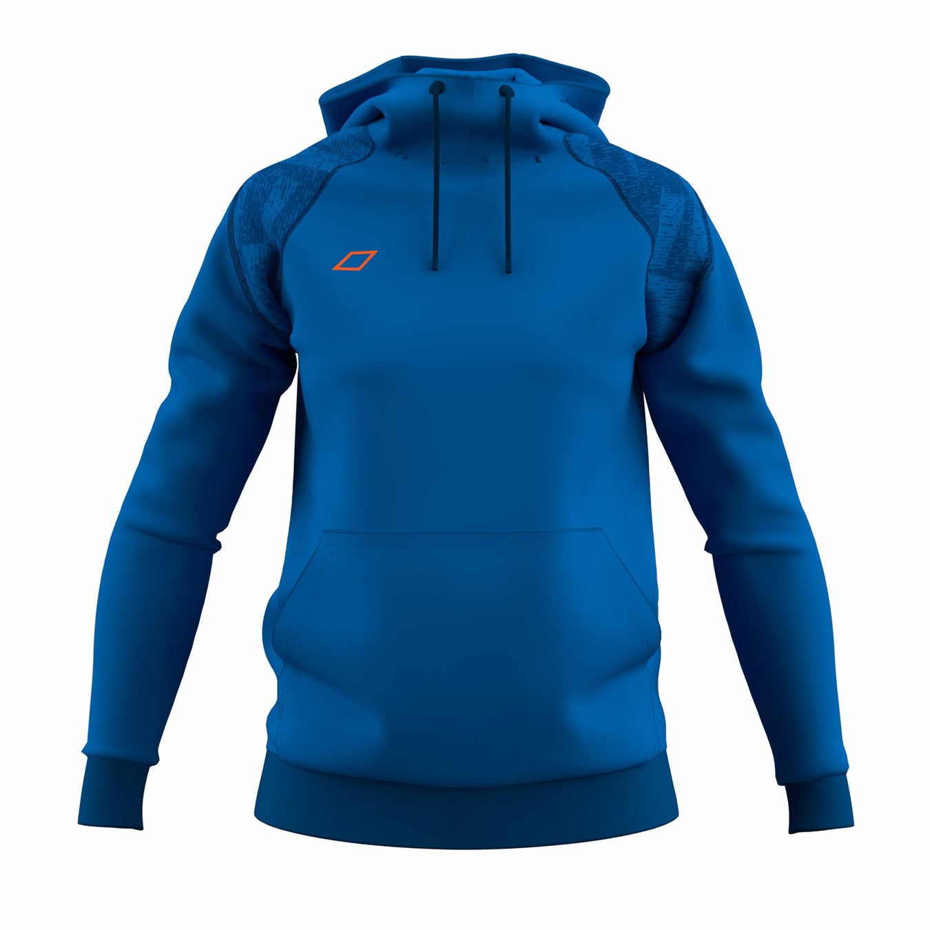 The Grays GTS Womens Hoodie in royal is a technical scuba hoodie with a front pocket, black drawstrings, dark blue shoulder panels, and an orange left chest logo—ideal for fans of Grays performance hockey apparel.