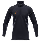 The Grays GTS Mens 1/4 Zip Fleece is a black athletic pullover with long sleeves, a quarter-zip collar, and an orange geometric logo on the chest. Displayed on a plain white background, it’s ideal as a performance hockey fleece.