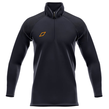 The Grays GTS Mens 1/4 Zip Fleece is a black athletic pullover with long sleeves, a quarter-zip collar, and an orange geometric logo on the chest. Displayed on a plain white background, it’s ideal as a performance hockey fleece.