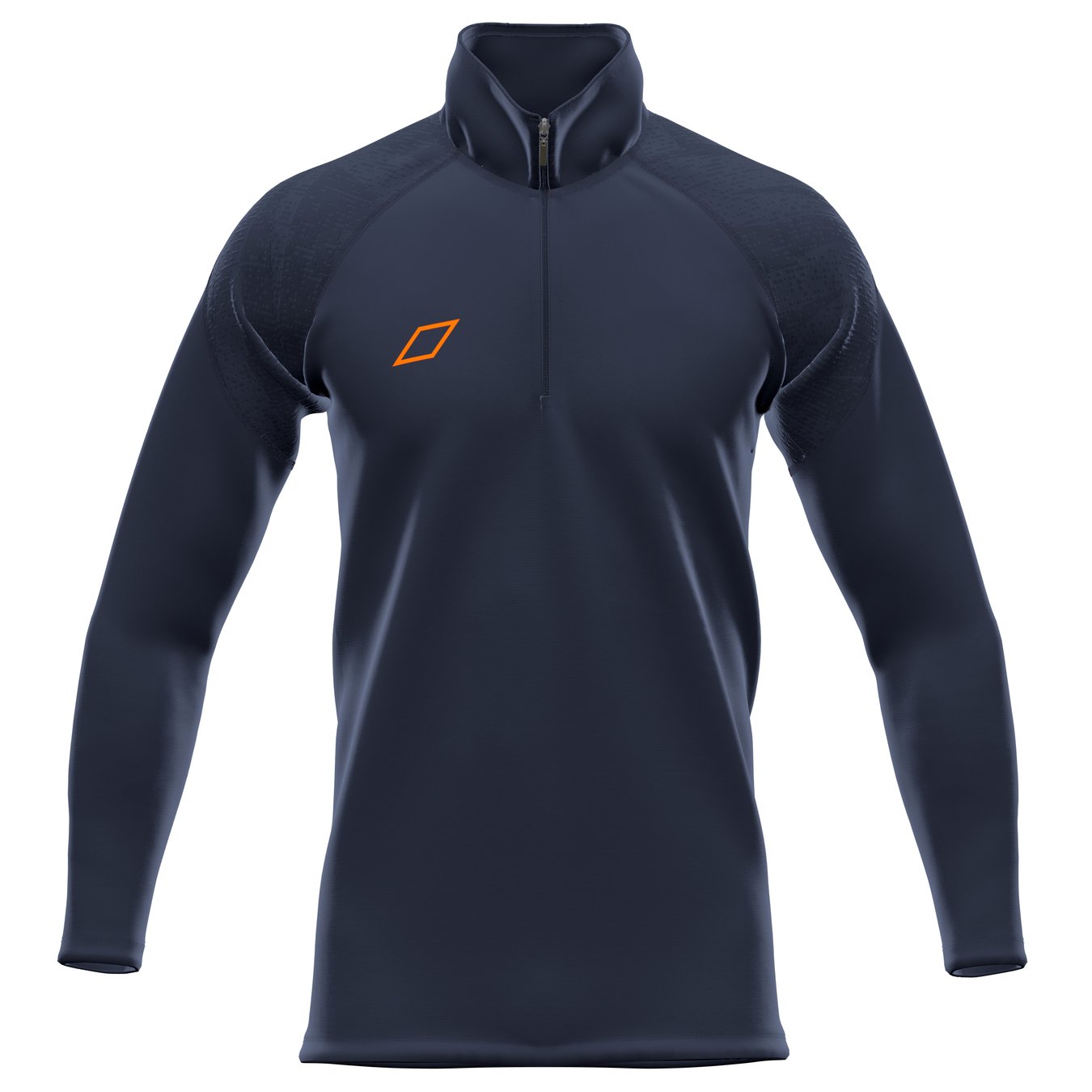 The Grays GTS Mens 1/4 Zip Fleece in Dark Navy is a fitted, long-sleeve athletic pullover with an orange geometric logo on the left chest and a quarter-zip collar. Simple and performance-ready, it features no extra markings or patterns.