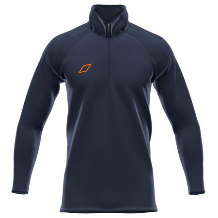 The Grays GTS Mens 1/4 Zip Fleece in Dark Navy is a fitted, long-sleeve athletic pullover with an orange geometric logo on the left chest and a quarter-zip collar. Simple and performance-ready, it features no extra markings or patterns.