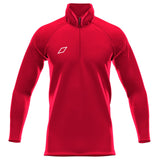The Grays GTS Mens 1/4 Zip Fleece is a red, long-sleeve athletic pullover by Grays, featuring a half-zip collar and a small white geometric logo on the left chest, shown on a plain white background.