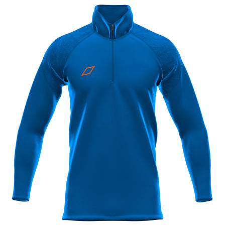 The Grays GTS Men's 1/4 Zip Fleece in royal blue features a quarter zipper and a small orange geometric logo on the left chest, offering performance hockey fleece from Grays.
