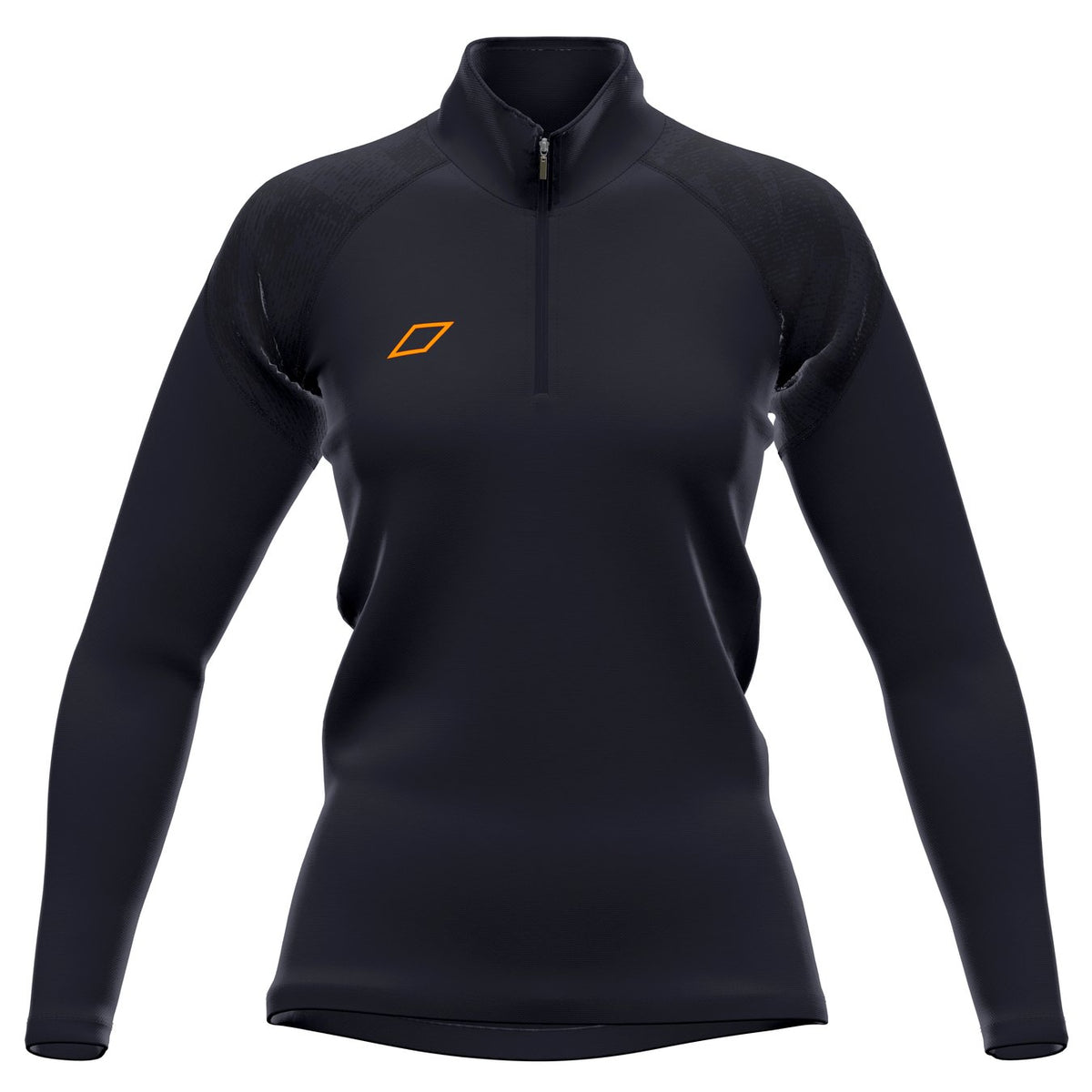 The Grays GTS Womens 1/4 Zip Fleece is a black, long-sleeve athletic pullover with performance fleece, a quarter-zip front, high collar, fitted design, and a small orange geometric logo on the left chest. Brand: Grays.