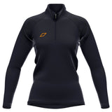 The Grays GTS Womens 1/4 Zip Fleece is a black, long-sleeve athletic pullover with performance fleece, a quarter-zip front, high collar, fitted design, and a small orange geometric logo on the left chest. Brand: Grays.