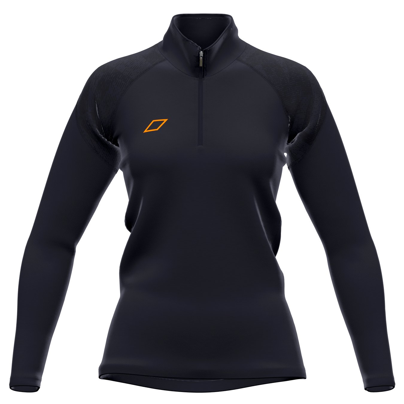 The Grays GTS Womens 1/4 Zip Fleece is a black, long-sleeve athletic pullover with performance fleece, a quarter-zip front, high collar, fitted design, and a small orange geometric logo on the left chest. Brand: Grays.