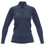 The Grays GTS Women's 1/4 Zip Fleece in Dark Navy features a quarter-zip collar, orange geometric logo on the chest, textured long sleeves, and a fitted silhouette—ideal for hockey athletes.