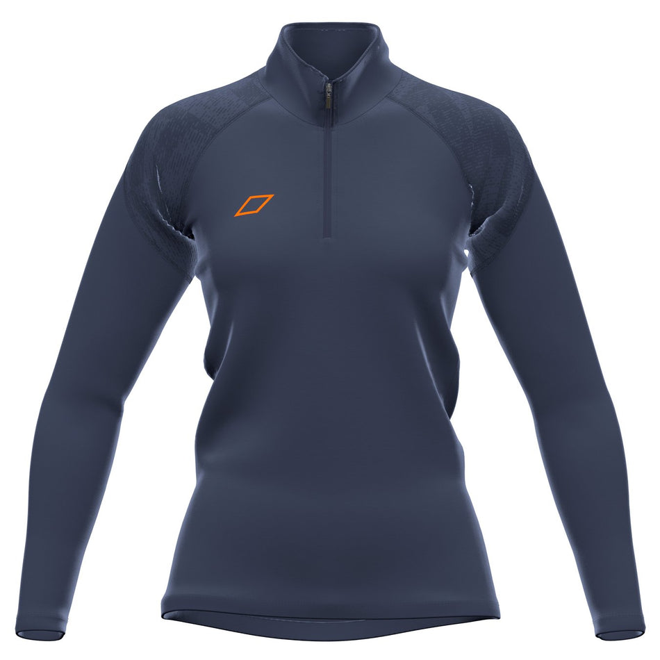 The Grays GTS Women's 1/4 Zip Fleece in Dark Navy features a quarter-zip collar, orange geometric logo on the chest, textured long sleeves, and a fitted silhouette—ideal for hockey athletes.