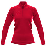 The Grays GTS Women's 1/4 Zip Fleece is a long-sleeve, fitted red pullover with a short collar zipper, made from performance fleece and featuring a small white geometric logo on the left chest. No visible brand name.