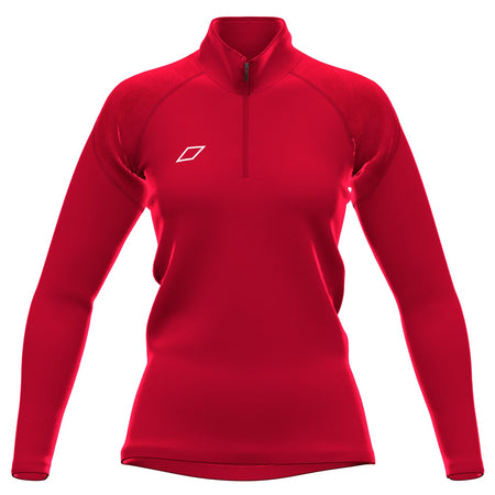 The Grays GTS Women's 1/4 Zip Fleece is a long-sleeve, fitted red pullover with a short collar zipper, made from performance fleece and featuring a small white geometric logo on the left chest. No visible brand name.