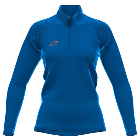 The Grays GTS Womens 1/4 Zip Fleece in royal features long sleeves, a quarter-zip collar, and a small orange geometric logo on the left chest. This athletic pullover is crafted from performance fleece and shown on a plain white background.