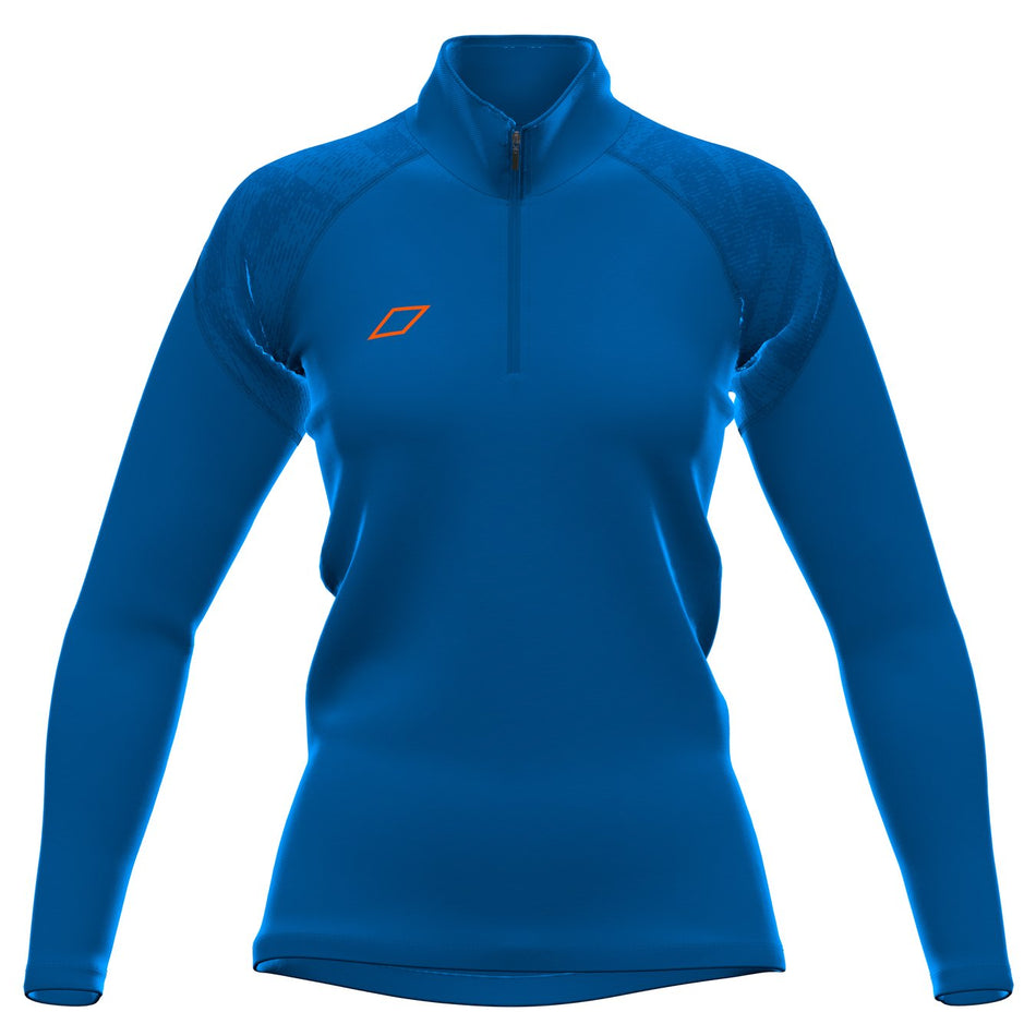 The Grays GTS Womens 1/4 Zip Fleece in royal features long sleeves, a quarter-zip collar, and a small orange geometric logo on the left chest. This athletic pullover is crafted from performance fleece and shown on a plain white background.