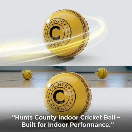 A yellow Hunts County Indoor Cricket Ball is displayed in motion and at rest, highlighted as ideal for training and engineered by Hunts County for top indoor cricket performance.