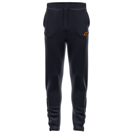The Grays GTS Mens Training Trousers by Grays are black athletic pants with an elastic waistband, drawstring, and a small orange geometric logo on the left thigh. They have a slim fit design for peak performance and no visible front pockets.
